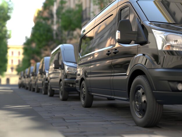 Delivery vans are parked in rows Commercial Shipping service company delivery of vans in a row