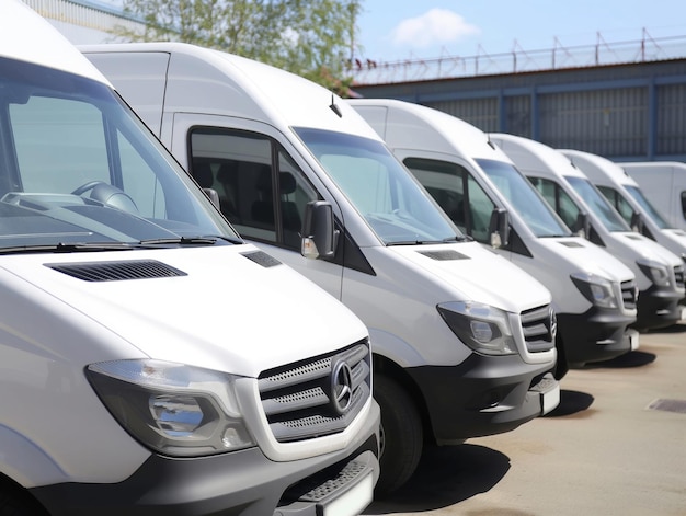 Delivery vans are parked in rows Commercial Shipping service company delivery of vans in a row