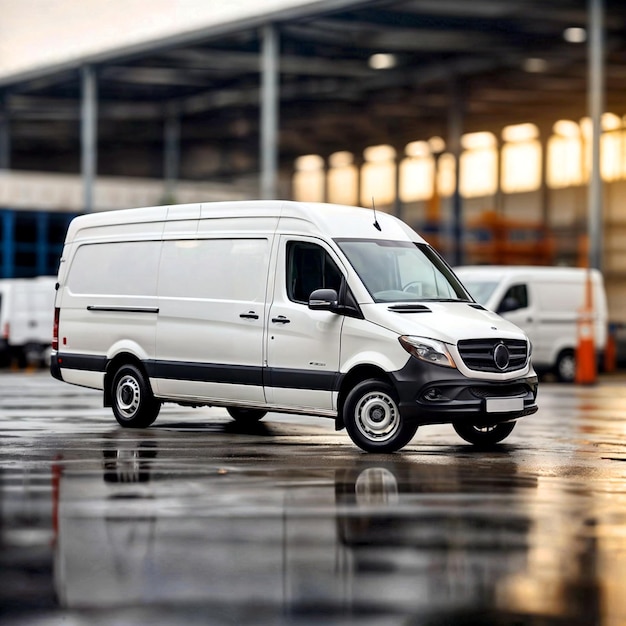 Delivery of a white truck on the site near the warehouse Commercial transport