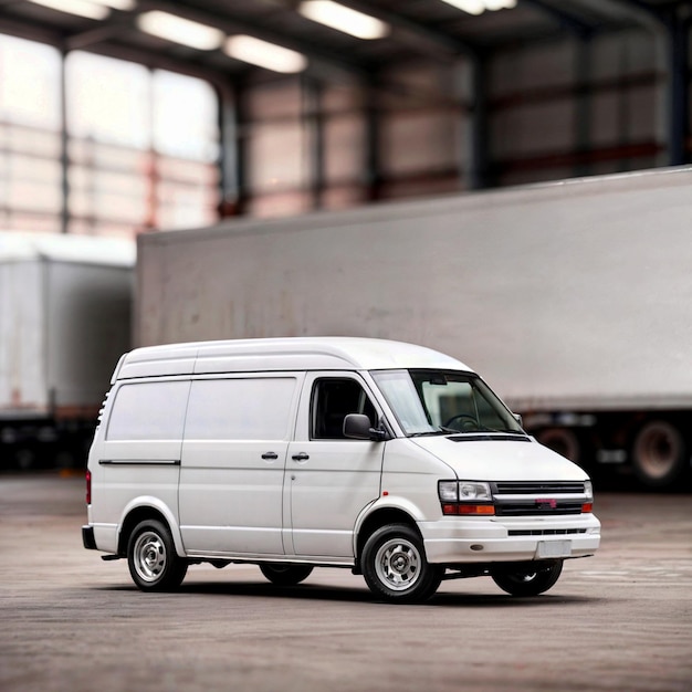 Delivery of a white truck on the site near the warehouse Commercial transport