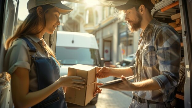 Photo delivery woman handing over package