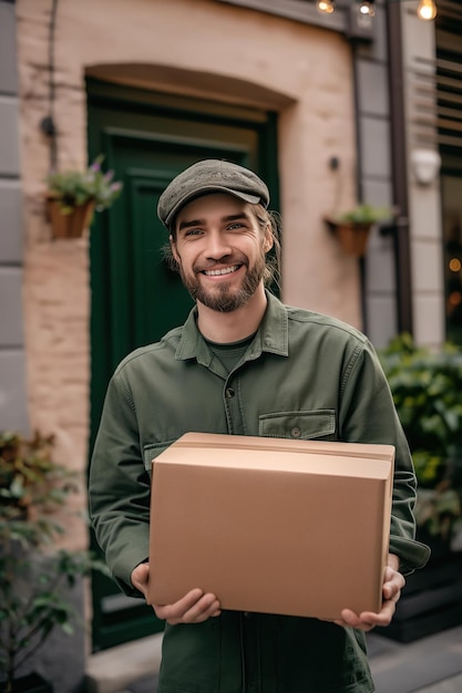 Photo delivery worker holds big box with white label smiling at camera man in green uniform stands in