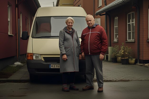 a deliveryman is standing next to an elderly woman