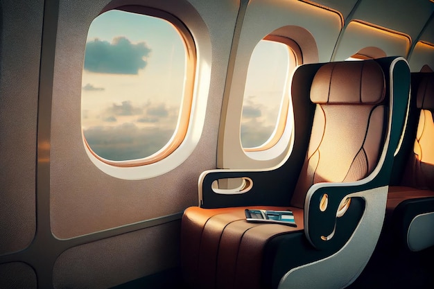 Deluxe Seat in the business class of the aircraft workplace in the business jet no people