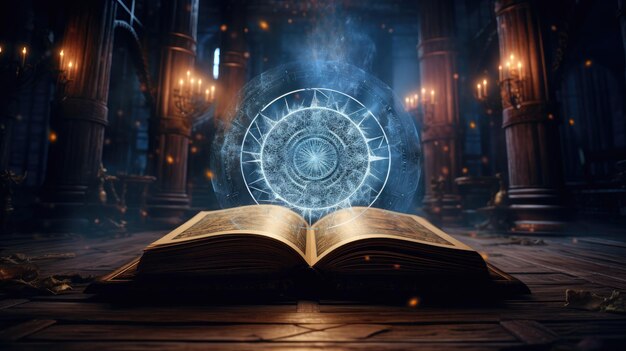 Photo delve into the enchanting world of magic with an opened book radiating mystical lights where the ancient secrets of wizardry come to life