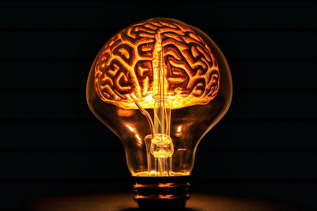 Delve into the intriguing world of inspiration and wisdom with a radiant light bulb containing a pulsating human brain