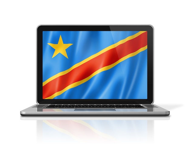 Democratic Republic of the Congo flag on laptop screen isolated on white. 3D illustration render.