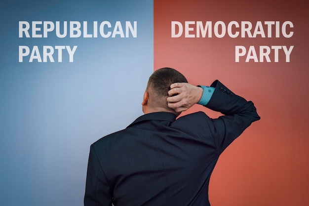 Democrats vs republicans the concept of choosing a political party or ideology male politician voter