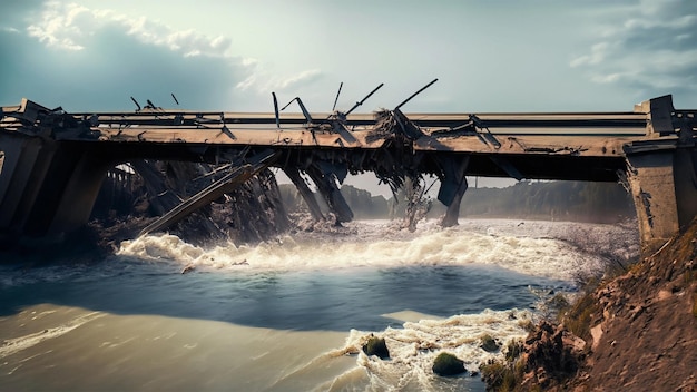 A demolished bridge collapsing into a river showcasing the structural failure and destruction