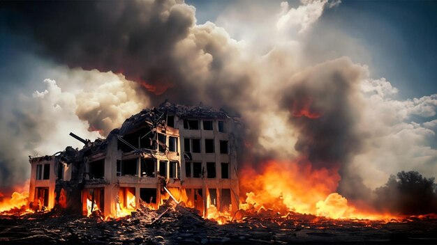 A demolished building engulfed in flames and smoke capturing the intensity and power of destruction