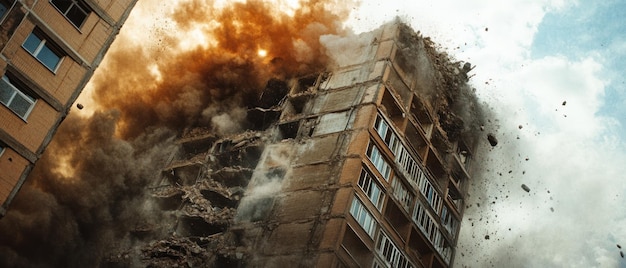 Demolition of a Building with Dust and Debris