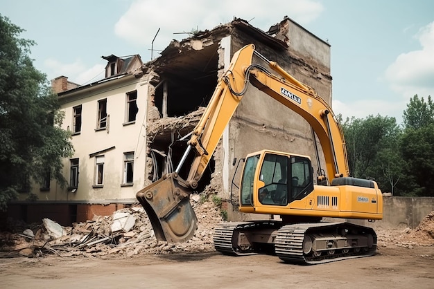 Demolition of an old building Excavator digs the ground Generative AI