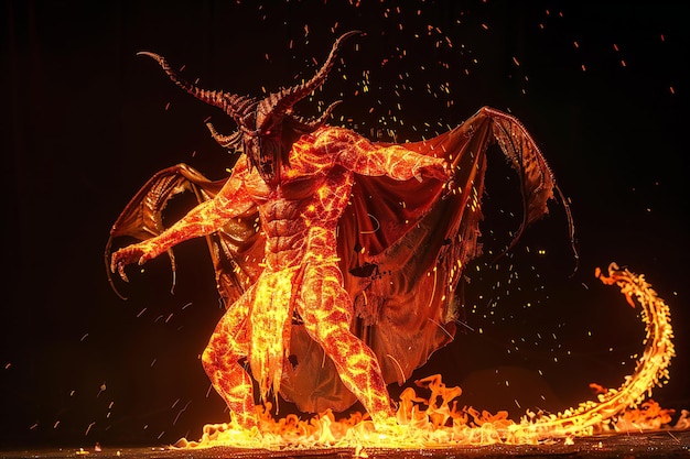 Photo a demon in flames orange and red colors full body shot black background hyper realistic cinemat