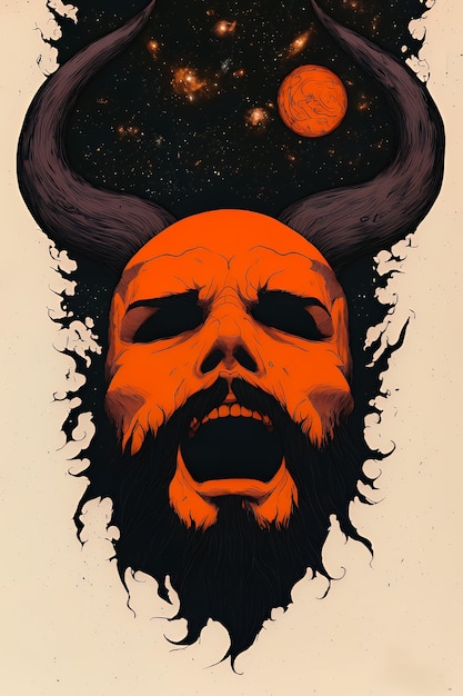 Photo demon head with horns and galaxy background