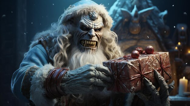 Demon Krampus dressed as Santa Claus and smiling evilly cheerfully holding gift boxes in his hands Steals Christmas gifts