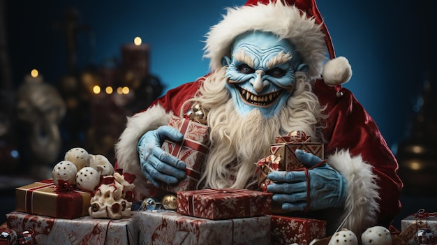 Demon Krampus dressed as Santa Claus and smiling evilly cheerfully holding gift boxes in his hands Steals Christmas gifts