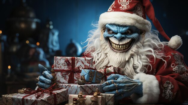 Demon Krampus dressed as Santa Claus and smiling evilly cheerfully holding gift boxes in his hands Steals Christmas gifts