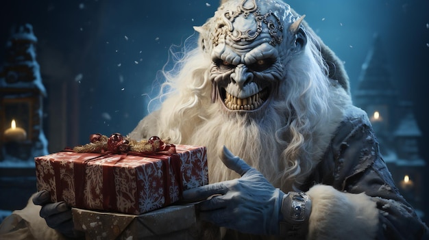 Demon Krampus dressed as Santa Claus and smiling evilly cheerfully holding gift boxes in his hands Steals Christmas gifts