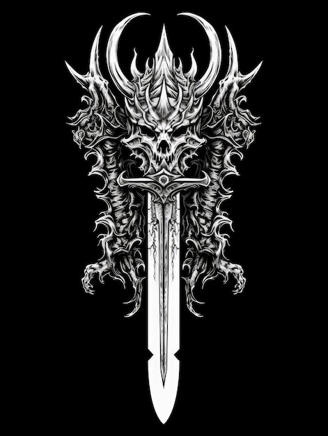 Demon sword black and white Print for Tshirts Generative AI