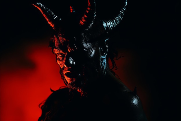 Photo a demon with horns on his head in the dark