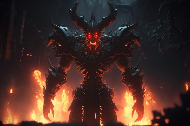 A demon with a red face stands in front of a fire.