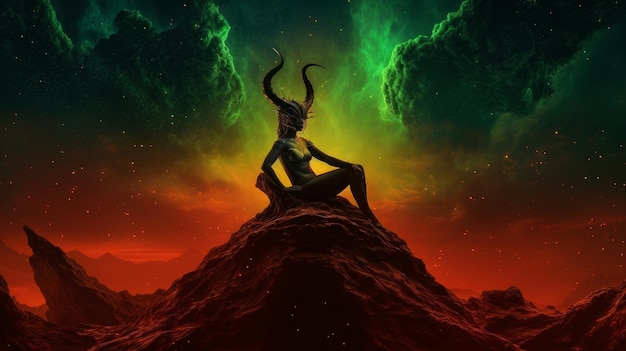 demon woman in hell sitting on a throne