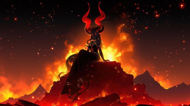 demon woman in hell sitting on a throne