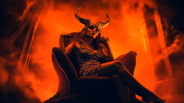 demon woman in hell sitting on a throne