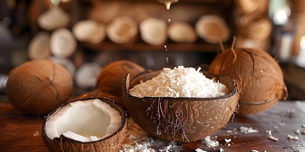 Photo demonstration of coconut milk extraction process using fresh coconut pieces in a restaurant concept restaurant demonstration coconut milk extraction fresh ingredients cooking process