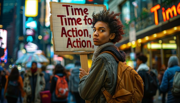 Photo demonstrator displays quottimer actionquot sign urging proactive measures