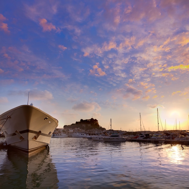 Denia port sunset in marina at Alicante Spain