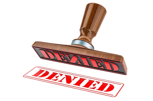 Photo denied stamp wooden stamper seal with text denied 3d rendering isolated on white background