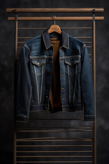 A denim jacket is hanging on a wooden rack.