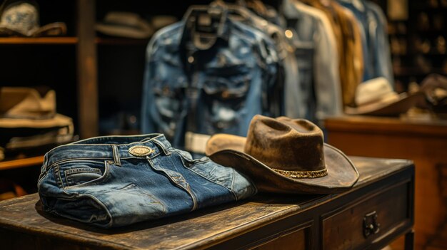 Photo denim jeans and a cowboy hat displayed in a vintage clothing store