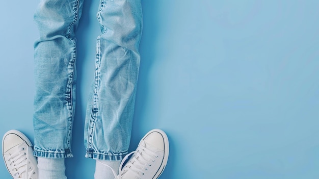 Photo denim jeans and white sneakers on blue background