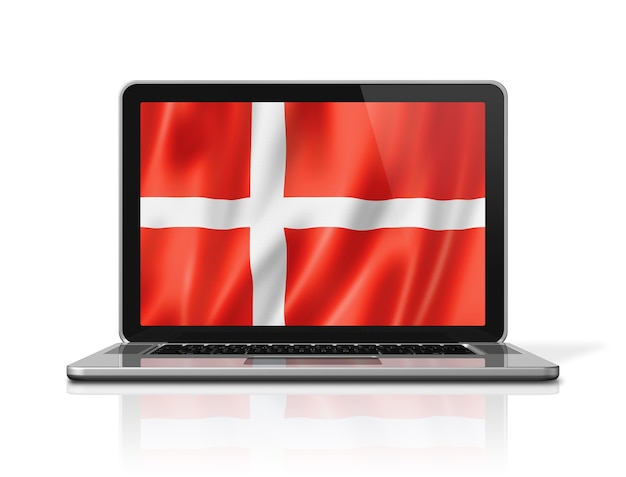 Denmark flag on laptop screen isolated on white. 3D illustration render.