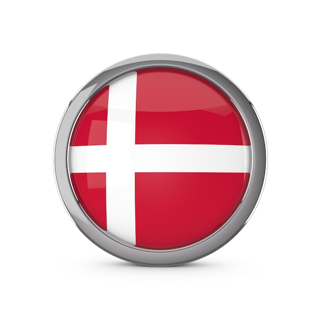 Denmark national flag in a glossy circle shape with chrome frame 3D Rendering