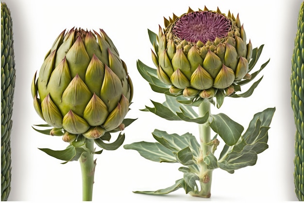 Dense artichoke head on thin stem isolated on white