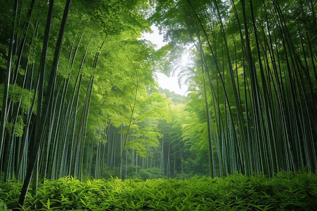 A dense bamboo forest with green leaves bamboo shoots and tall bamboo trees the background is brig