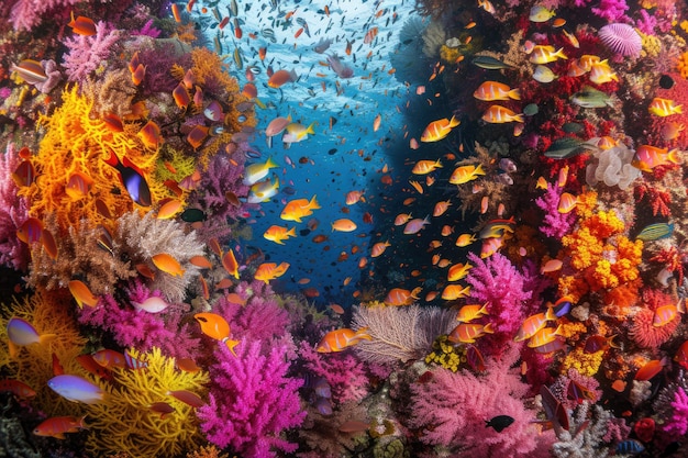 A dense beautiful coral reef filled with myriad marine species