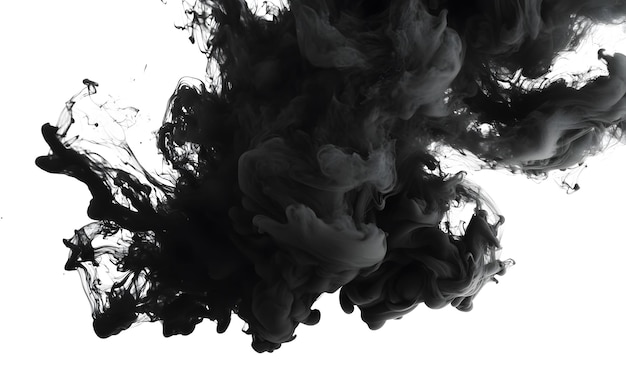 Dense cloud of black ink spreading through water white background