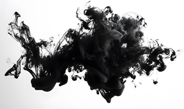 Dense cloud of black ink spreading through water white background