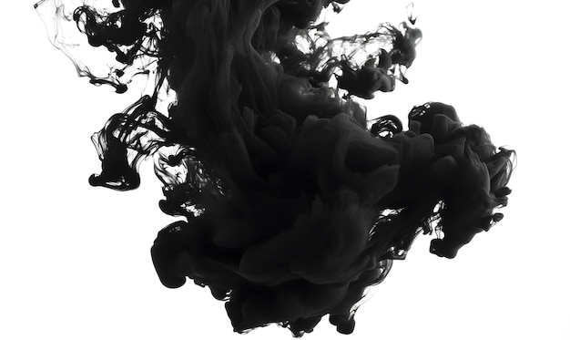 Dense cloud of black ink spreading through water white background