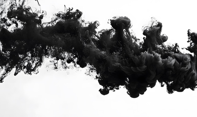 Dense cloud of black ink spreading through water white background