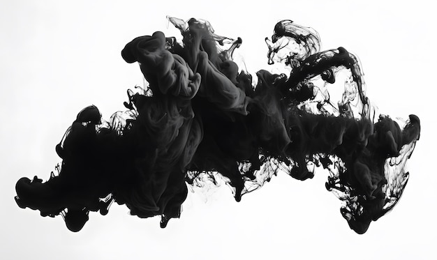 Dense cloud of black ink spreading through water white background