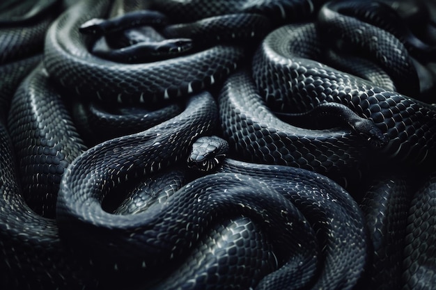 Dense Cluster of Black Snakes in a Natural Setting Close Up Textured Serpentine Forms