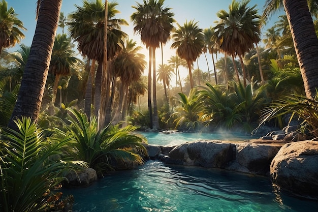 Photo a dense cluster of palm trees around a hot spring