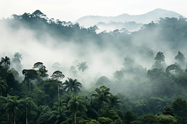 dense fog rolling in from the surrounding hills blanketing the jungle in mist