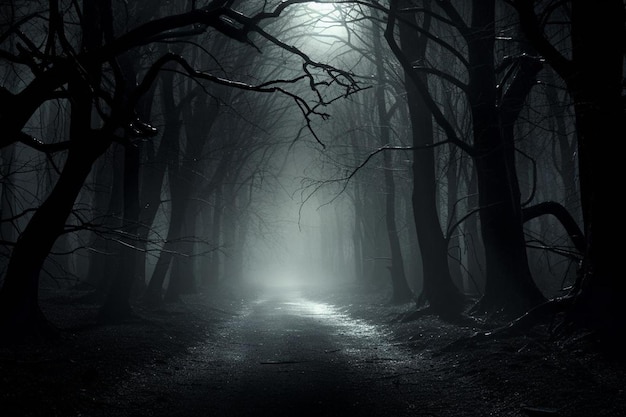 A dense fog swirls around a dark and twisting forest concealing an alluring and enigmatic moonlit