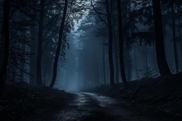 A dense fog swirls around a dark and twisting forest concealing an alluring and enigmatic moonlit